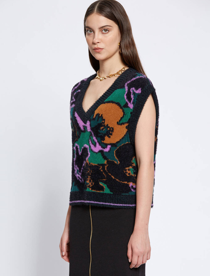 Knitss Manolya Desenli Oversıze Triko Yelek Knitss Manolya Desenli Oversıze Triko Yelek