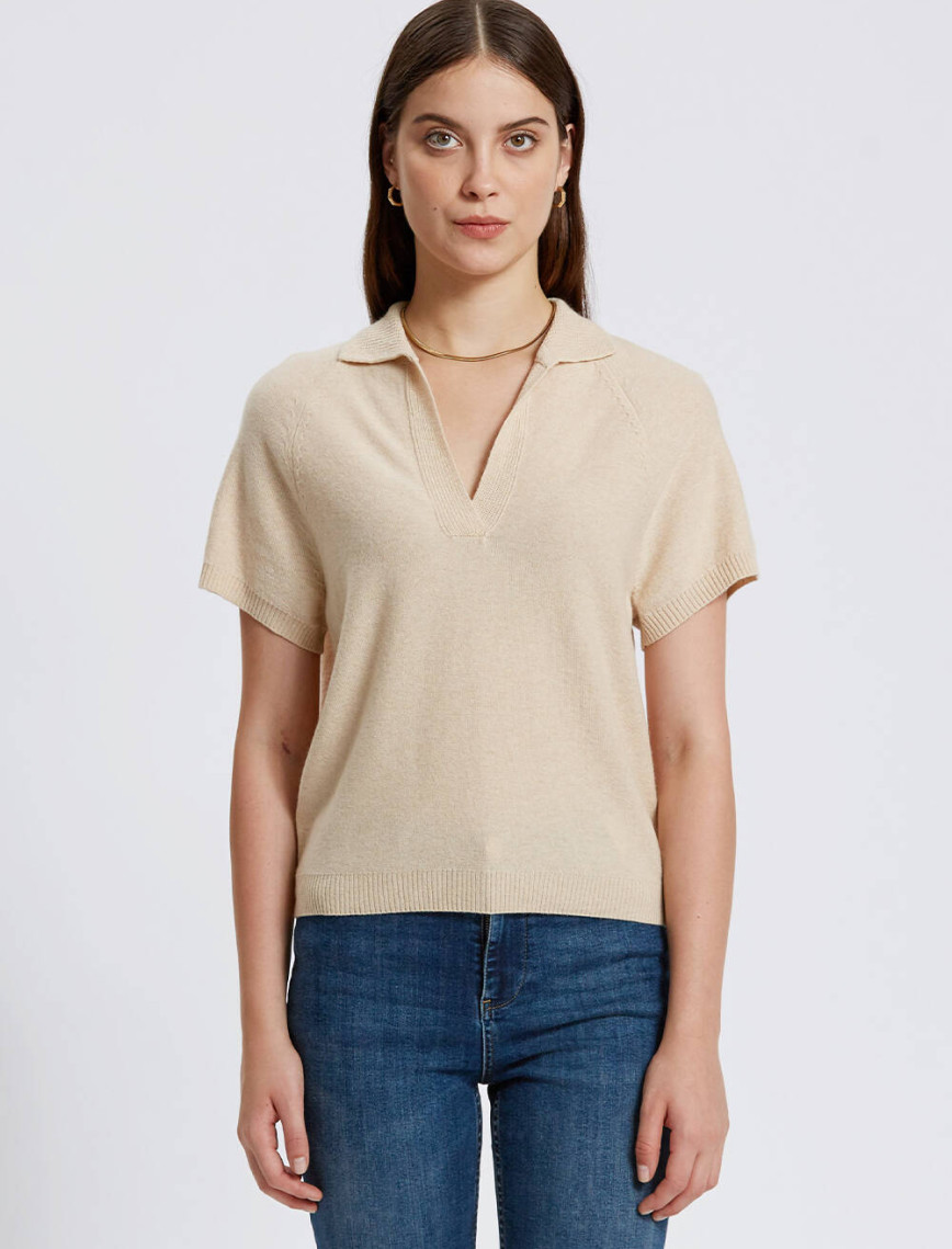 Knitss Kaşmir Karışımlı Polo Yaka Bej Triko Üst Knitss Kaşmir Karışımlı Polo Yaka Bej Triko Üst