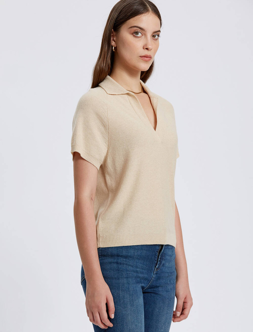 Knitss Kaşmir Karışımlı Polo Yaka Bej Triko Üst Knitss Kaşmir Karışımlı Polo Yaka Bej Triko Üst