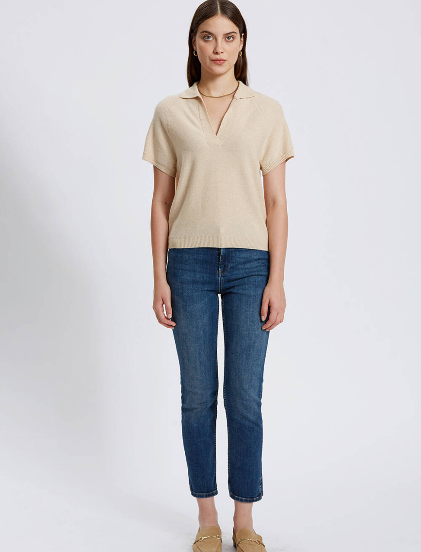 Knitss Kaşmir Karışımlı Polo Yaka Bej Triko Üst Knitss Kaşmir Karışımlı Polo Yaka Bej Triko Üst