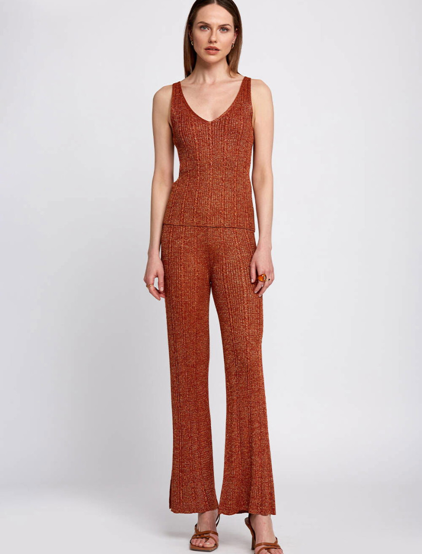 Knitss Yırtmaç Detaylı Tarçın Rengi Triko Pantolon Knitss Yırtmaç Detaylı Tarçın Rengi Triko Pantolon