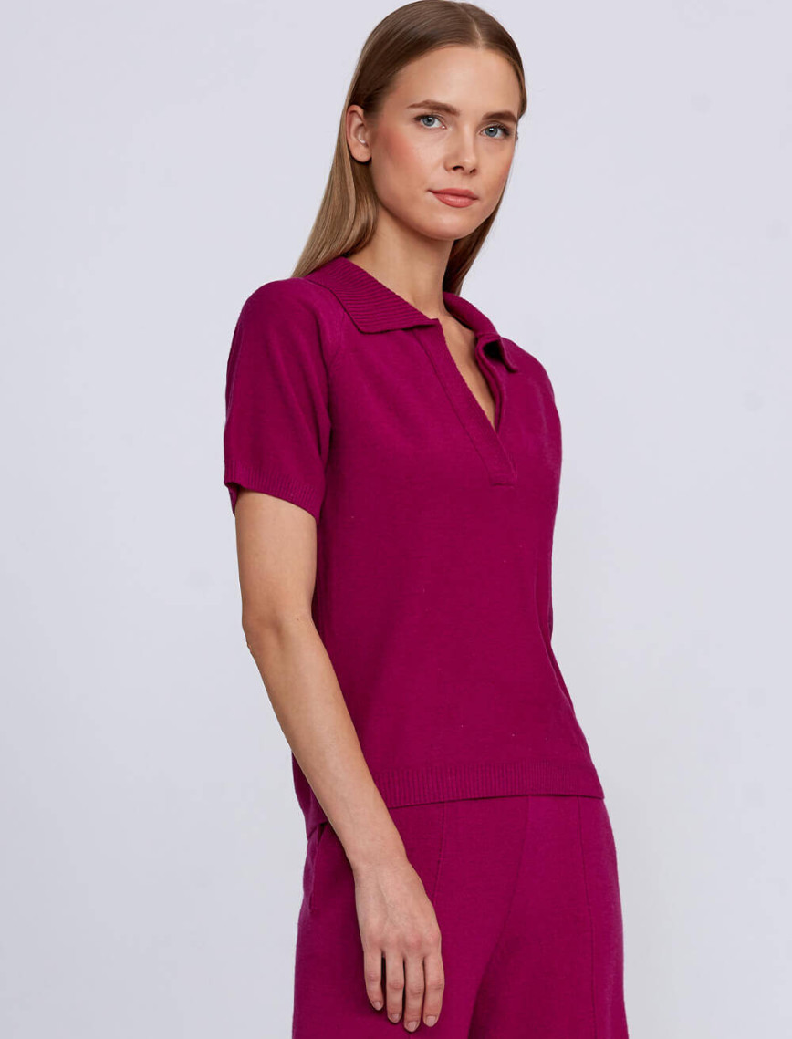 Knitss Kaşmir Karışımlı Polo Yaka Pembe Triko Üst Knitss Kaşmir Karışımlı Polo Yaka Pembe Triko Üst