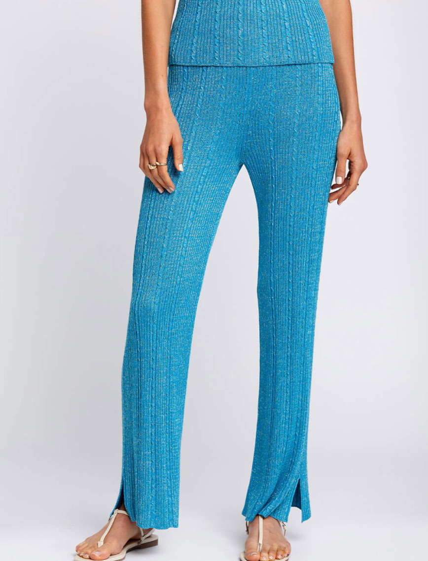 Knitss Yırtmaç Detaylı Turkuaz Triko Pantolon Knitss Yırtmaç Detaylı Turkuaz Triko Pantolon