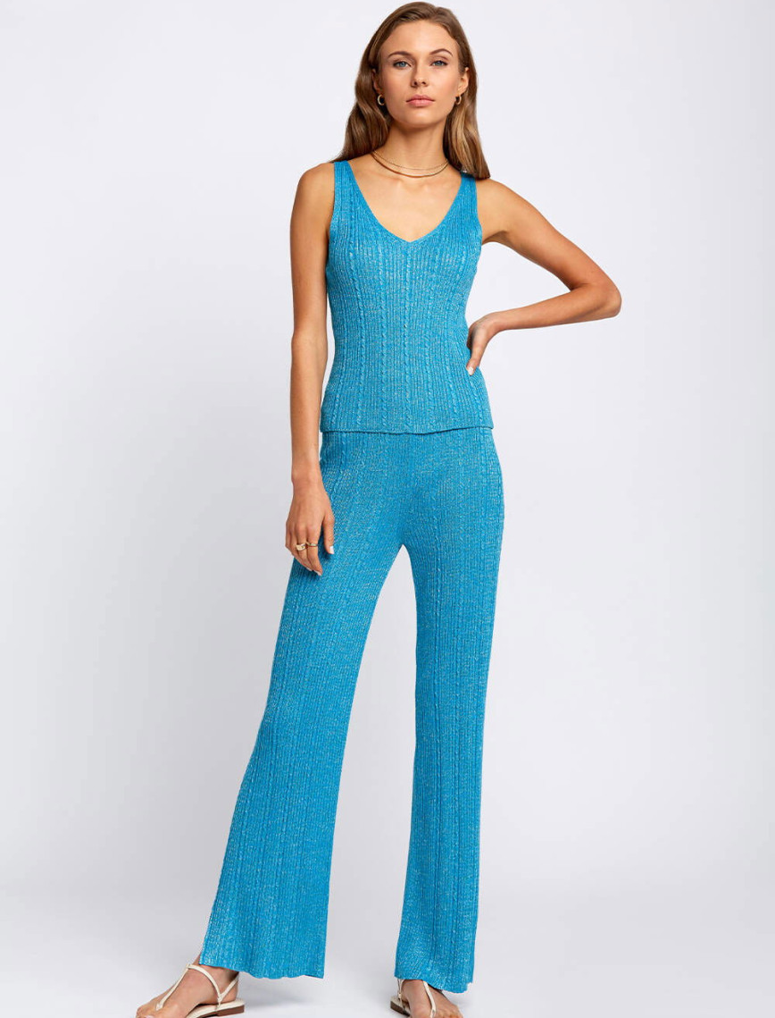 Knitss Yırtmaç Detaylı Turkuaz Triko Pantolon Knitss Yırtmaç Detaylı Turkuaz Triko Pantolon