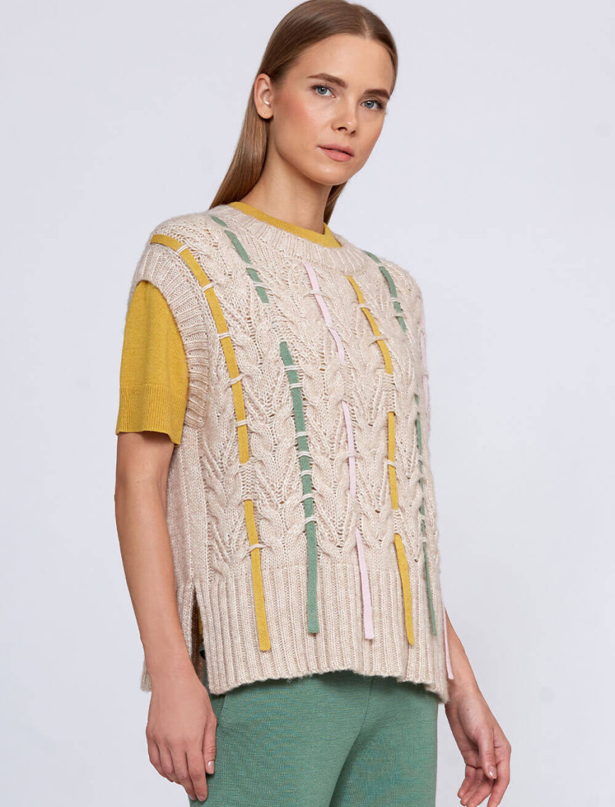 Knitss Yün Karışımlı Şerit Detaylı Krem Rengi Triko Üst Knitss Yün Karışımlı Şerit Detaylı Krem Rengi Triko Üst