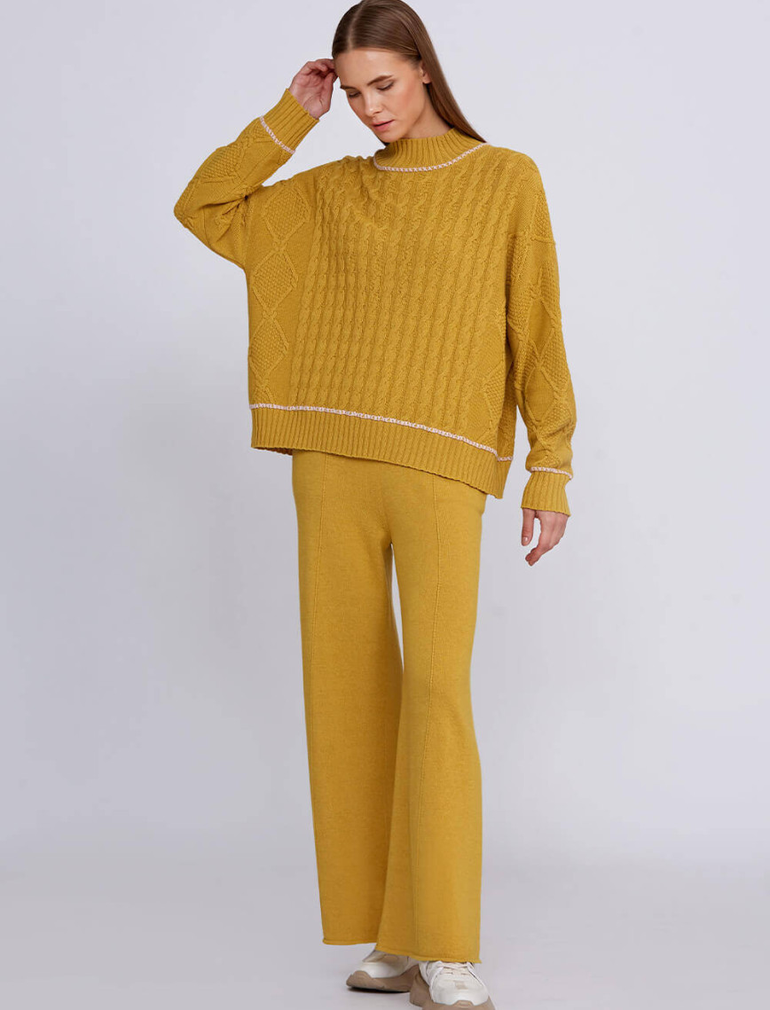 Knitss Kaşmir Karışımlı Saç Örgü Detaylı Hardal Rengi Triko Knitss Kaşmir Karışımlı Saç Örgü Detaylı Hardal Rengi Triko