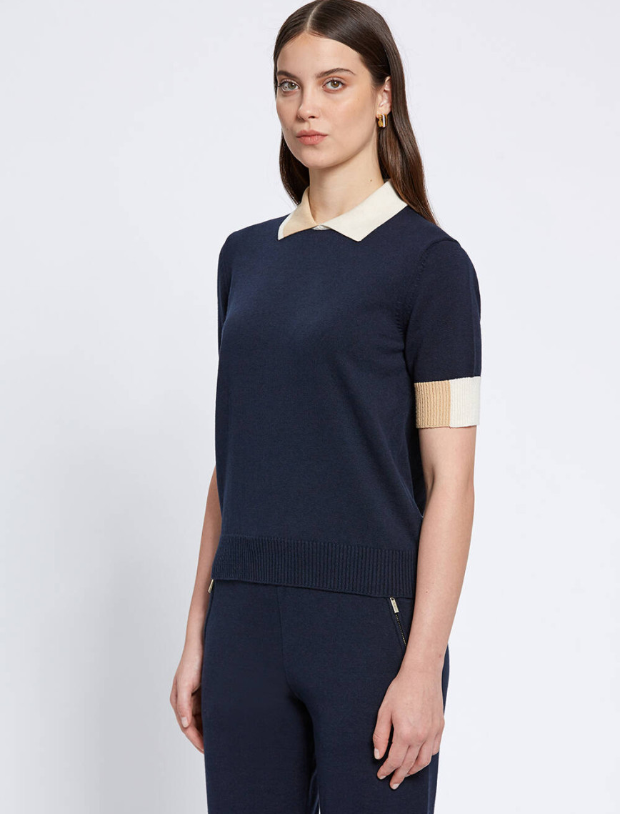 Knitss Polo Yaka Kontrast Detaylı Lacivert Triko Üst Knitss Polo Yaka Kontrast Detaylı Lacivert Triko Üst