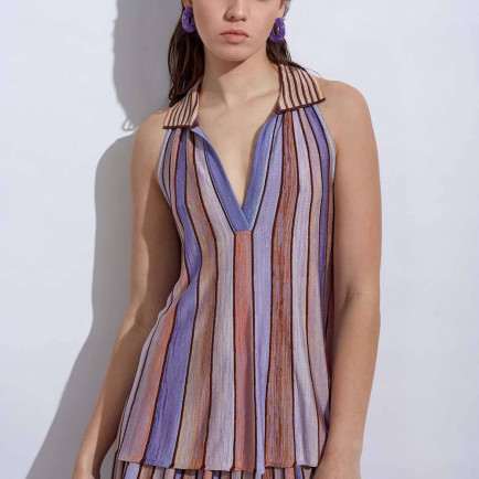 Knitss Polo Yaka Çizgi Desenli Lila Triko Üst