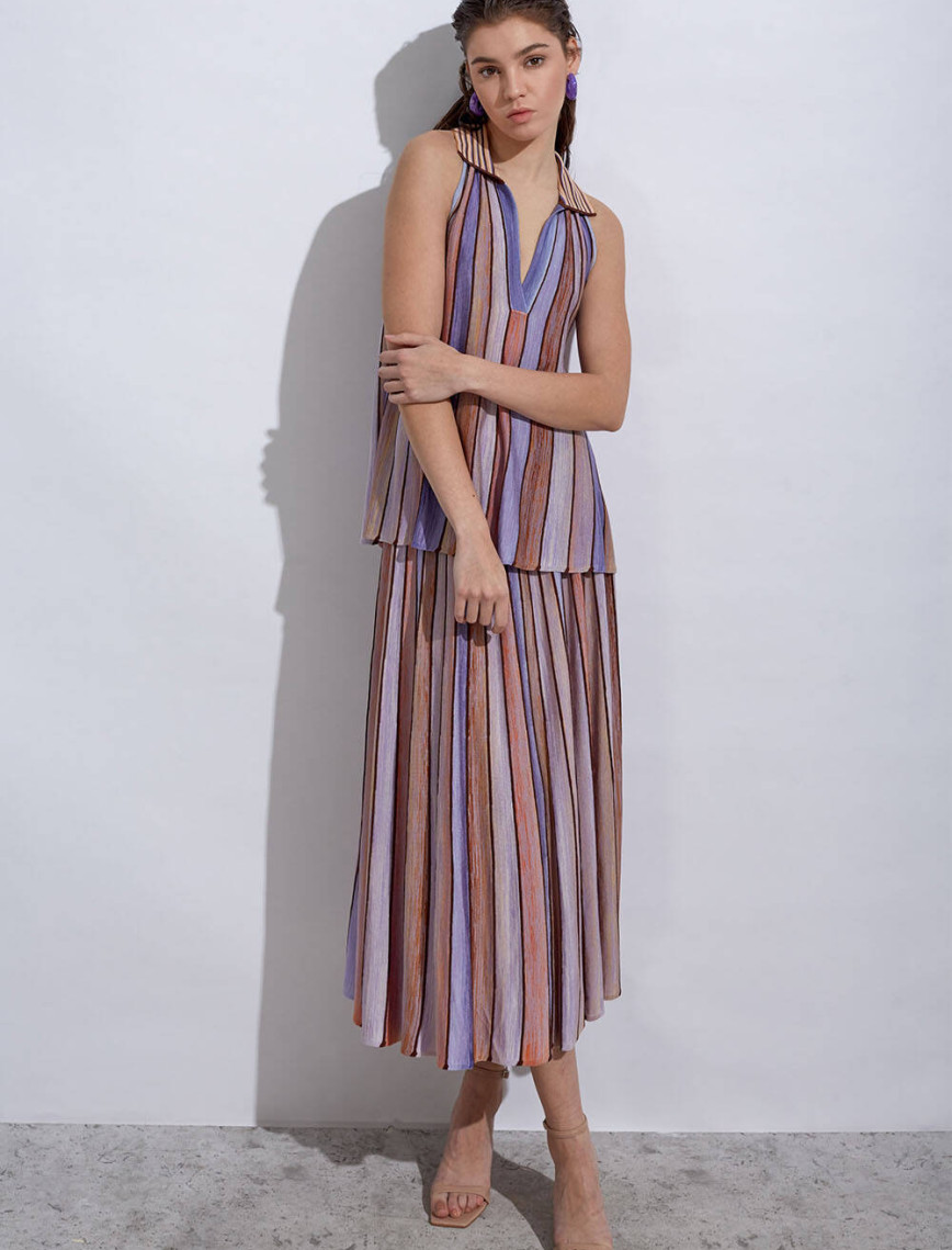 Knitss Polo Yaka Çizgi Desenli Lila Triko Üst Knitss Polo Yaka Çizgi Desenli Lila Triko Üst