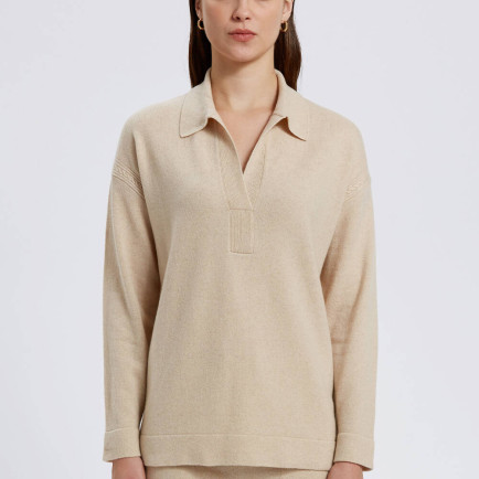 Knitss Saç Örgü Detaylı Polo Yaka Krem Rengi Kaşmir Triko