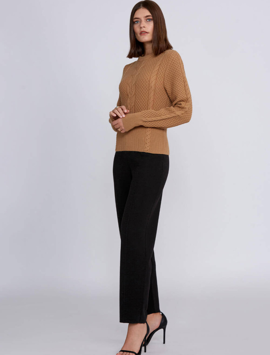 Knitss Saç Örgü Desenli Camel Yuvarlak Yaka Triko Knitss Saç Örgü Desenli Camel Yuvarlak Yaka Triko