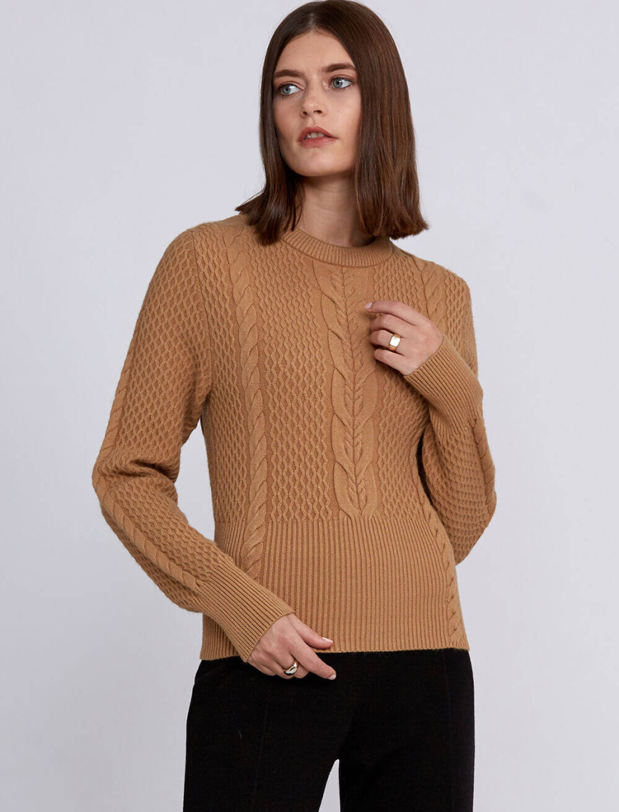 Knitss Saç Örgü Desenli Camel Yuvarlak Yaka Triko Knitss Saç Örgü Desenli Camel Yuvarlak Yaka Triko