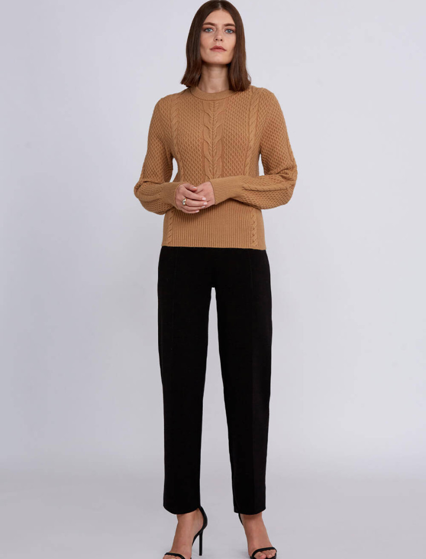 Knitss Saç Örgü Desenli Camel Yuvarlak Yaka Triko Knitss Saç Örgü Desenli Camel Yuvarlak Yaka Triko