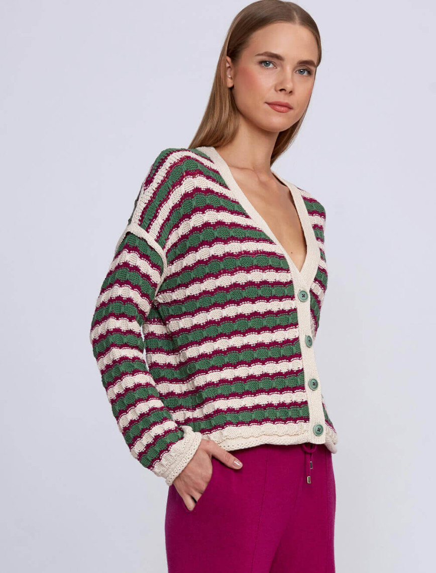 Knitss Organik Pamuk Karışımlı Yeşil Ekru Triko Hırka Knitss Organik Pamuk Karışımlı Yeşil Ekru Triko Hırka