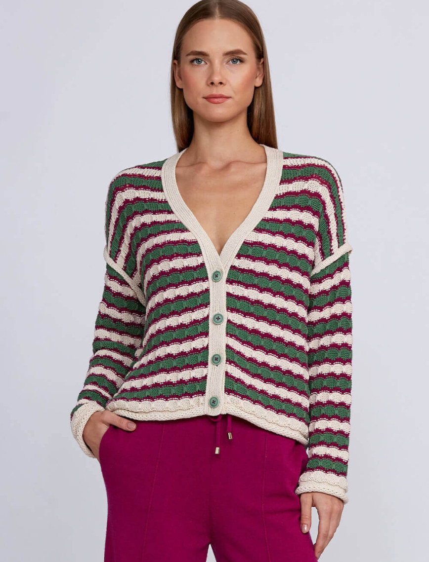 Knitss Organik Pamuk Karışımlı Yeşil Ekru Triko Hırka Knitss Organik Pamuk Karışımlı Yeşil Ekru Triko Hırka