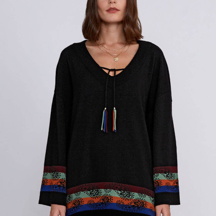 Knitss Kaşmir Yün Karışımlı V Yaka Siyah Triko Tunik