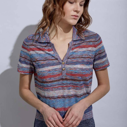 Knitss Taşlı Düğmeli Polo Yaka Mavi Triko Üst Knitss Taşlı Düğmeli Polo Yaka Mavi Triko Üst