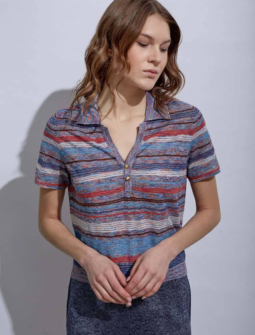 Knitss Taşlı Düğmeli Polo Yaka Mavi Triko Üst Knitss Taşlı Düğmeli Polo Yaka Mavi Triko Üst