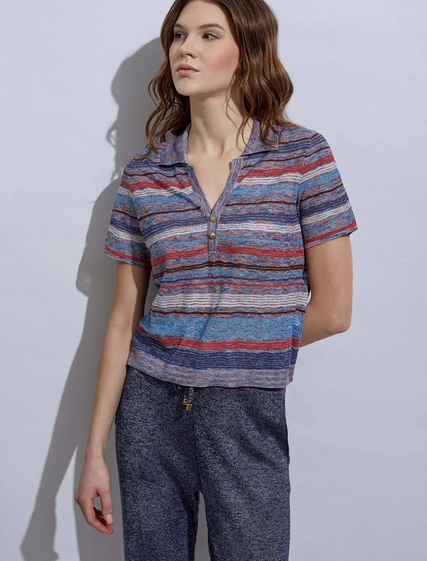 Knitss Taşlı Düğmeli Polo Yaka Mavi Triko Üst Knitss Taşlı Düğmeli Polo Yaka Mavi Triko Üst