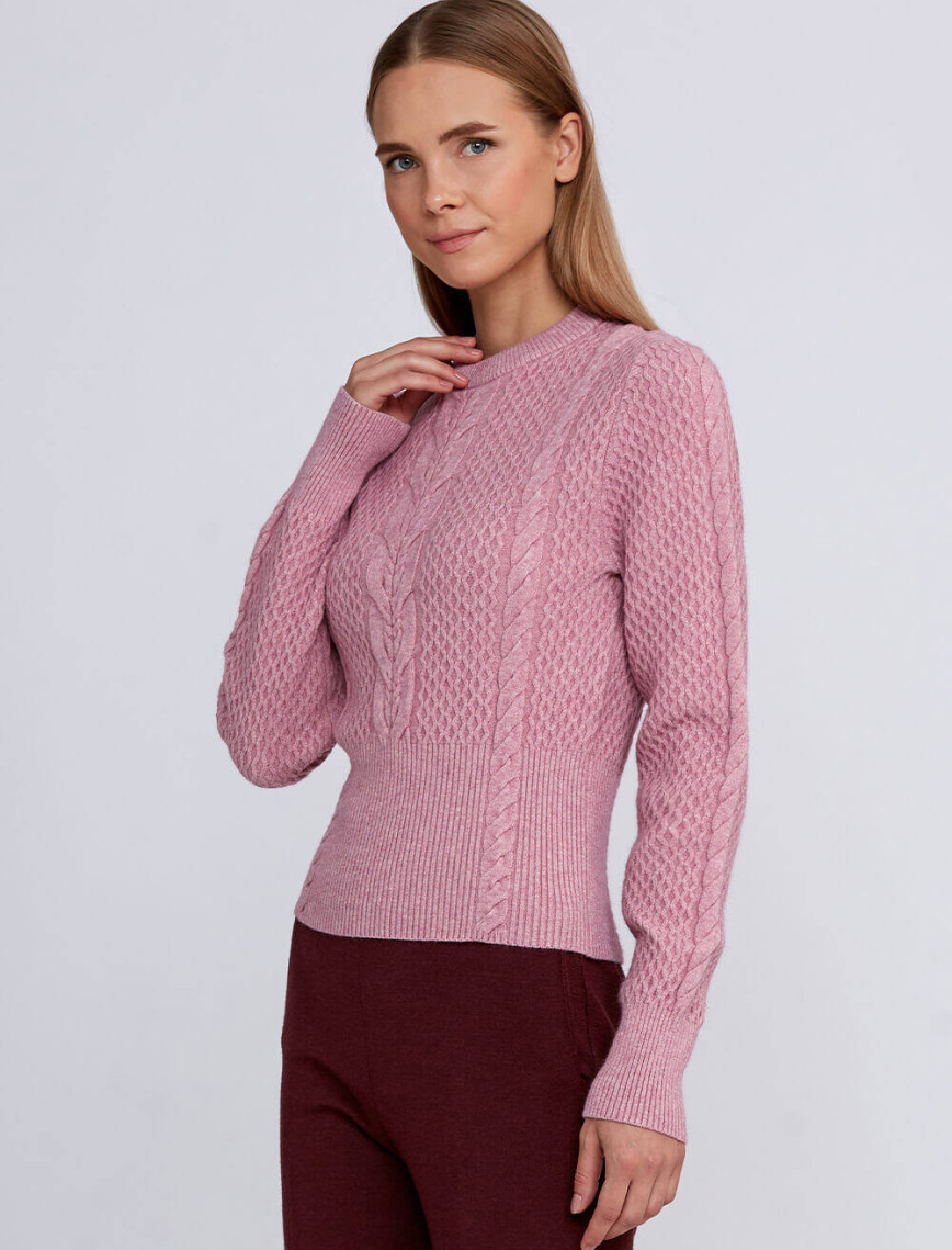 Knitss Saç Örgü Desenli Pembe Yuvarlak Yaka Triko Knitss Saç Örgü Desenli Pembe Yuvarlak Yaka Triko