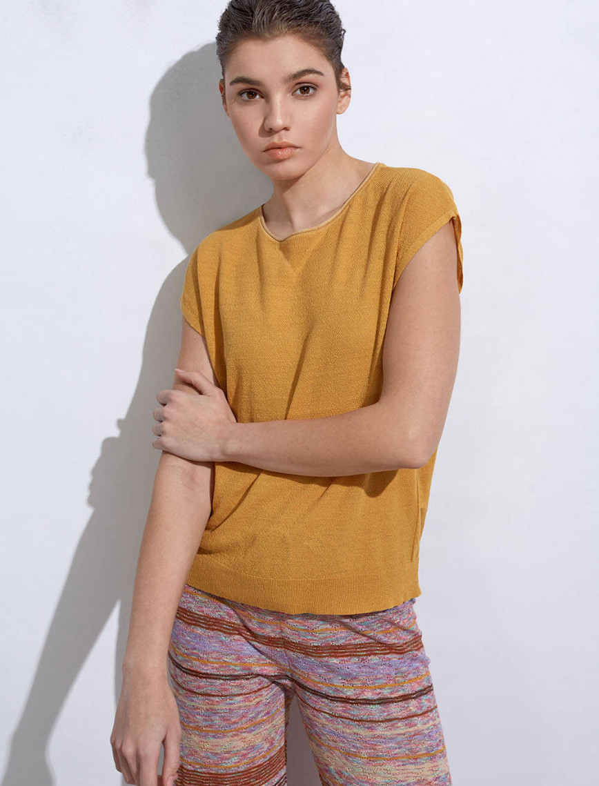 Knitss Keten Kolsuz Sarı Triko Üst Knitss Keten Kolsuz Sarı Triko Üst