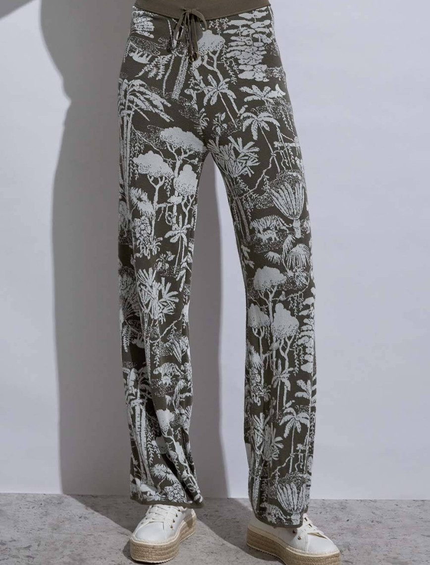 Knitss Tropikal Desenli Ekru Haki Triko Pantolon Knitss Tropikal Desenli Ekru Haki Triko Pantolon