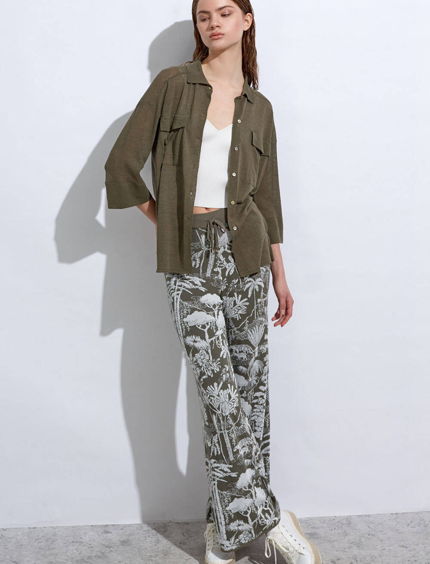 Knitss Tropikal Desenli Ekru Haki Triko Pantolon Knitss Tropikal Desenli Ekru Haki Triko Pantolon