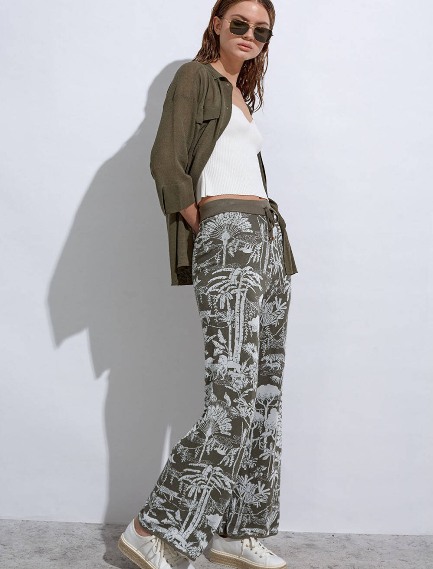 Knitss Tropikal Desenli Ekru Haki Triko Pantolon Knitss Tropikal Desenli Ekru Haki Triko Pantolon