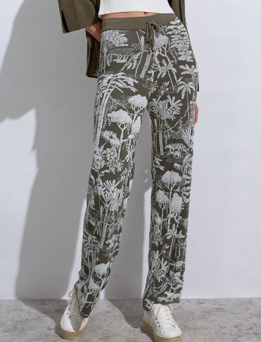 Knitss Tropikal Desenli Ekru Haki Triko Pantolon Knitss Tropikal Desenli Ekru Haki Triko Pantolon