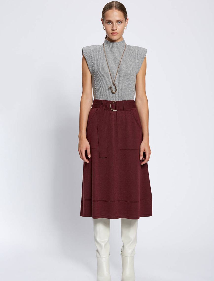 Knitss Kemer Detaylı Merino Yün Bordo Triko Etek Knitss Kemer Detaylı Merino Yün Bordo Triko Etek