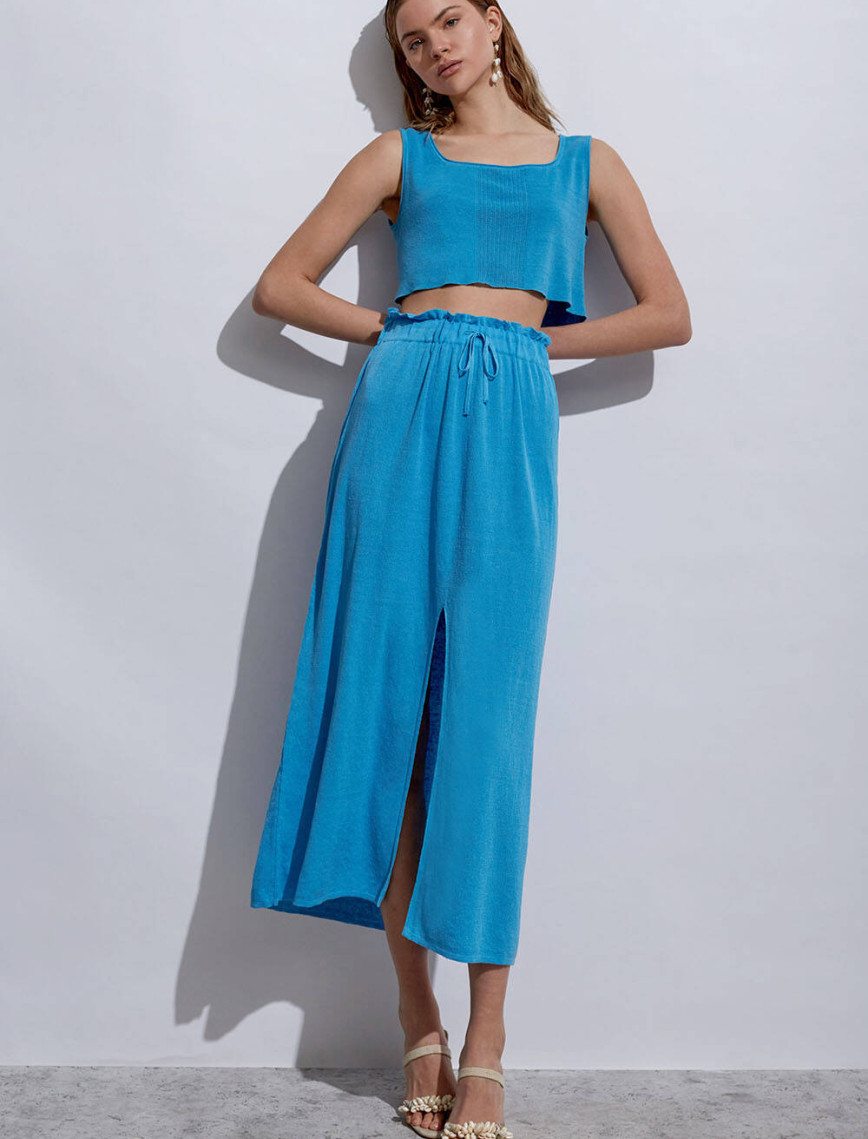 Knitss Keten Paper Bag Mavi Uzun Triko Etek Knitss Keten Paper Bag Mavi Uzun Triko Etek