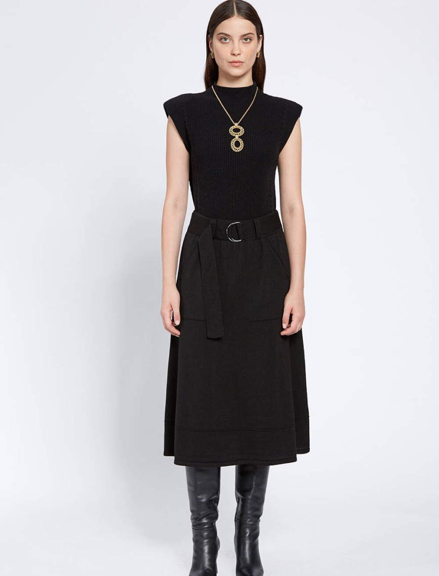 Knitss Kemer Detaylı Merino Yün Siyah Triko Etek Knitss Kemer Detaylı Merino Yün Siyah Triko Etek