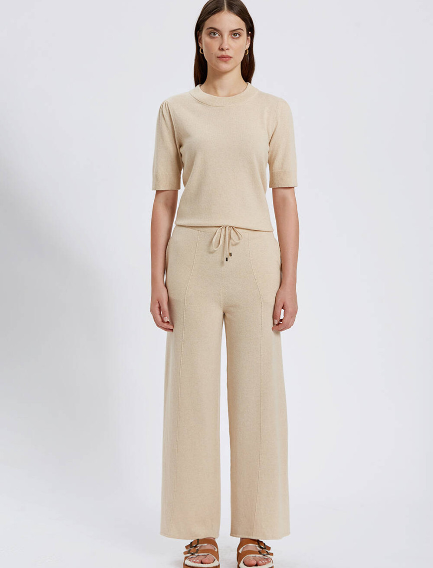 Knitss Kaşmir Karışımlı Bağcıklı Bej Triko Pantolon Knitss Kaşmir Karışımlı Bağcıklı Bej Triko Pantolon