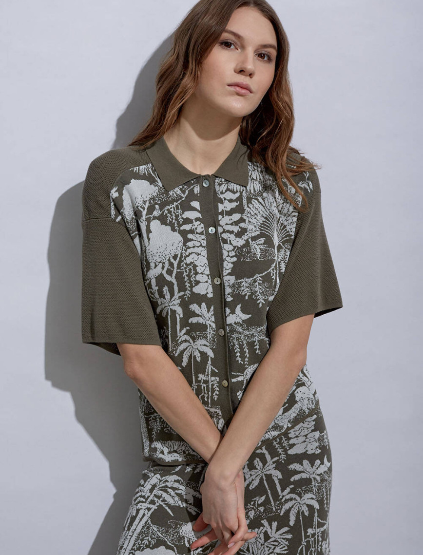 Knitss Tropikal Desenli Ekru Haki Triko Üst Knitss Tropikal Desenli Ekru Haki Triko Üst