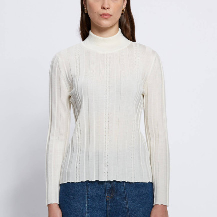 Knitss Uzun Kollu Balıkçı Yaka Merino Yün Ekru Triko