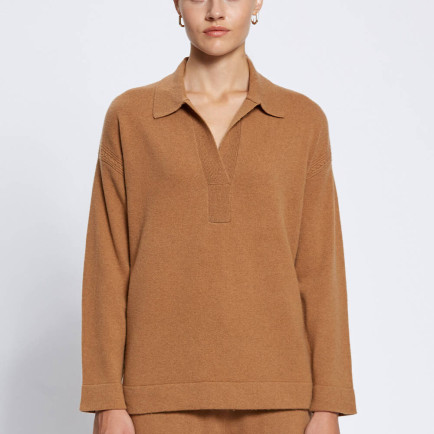 Knitss Saç Örgü Detaylı Polo Yaka Camel Kaşmir Triko