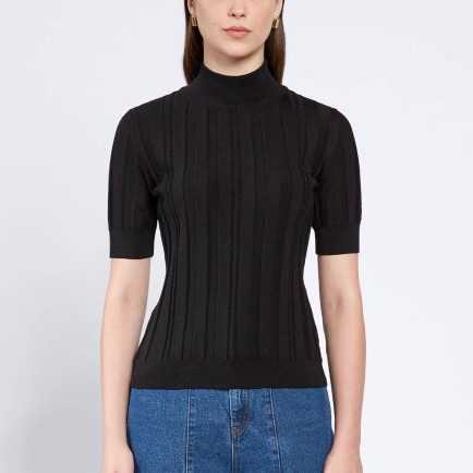 Knitss Kısa Kollu Balıkçı Yaka Merino Yün Siyah Triko Üst Knitss Kısa Kollu Balıkçı Yaka Merino Yün Siyah Triko Üst