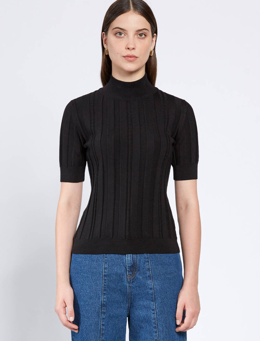 Knitss Kısa Kollu Balıkçı Yaka Merino Yün Siyah Triko Üst Knitss Kısa Kollu Balıkçı Yaka Merino Yün Siyah Triko Üst