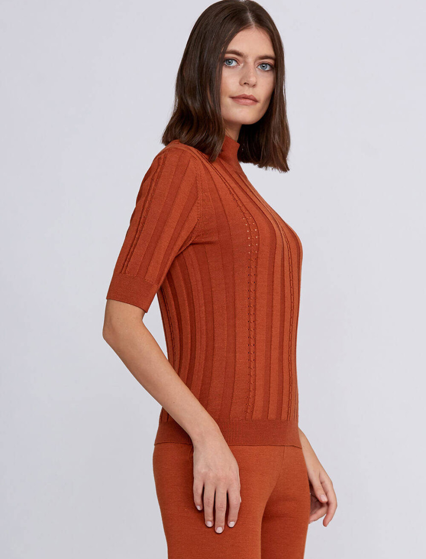 Knitss Kısa Kollu Balıkçı Yaka Merino Yün Turuncu Triko Üst