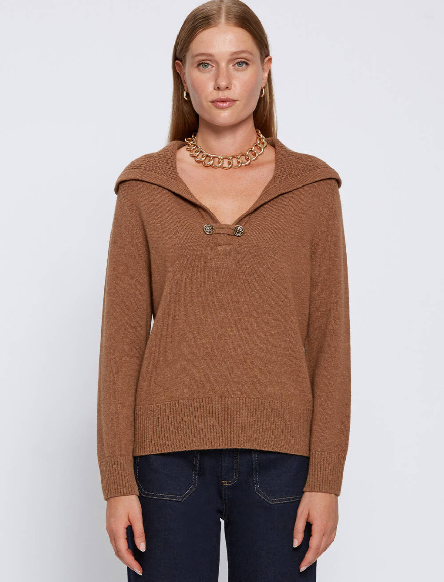 Knitss Kaşmir Karışımlı Geniş Yaka Tütün Rengi Triko