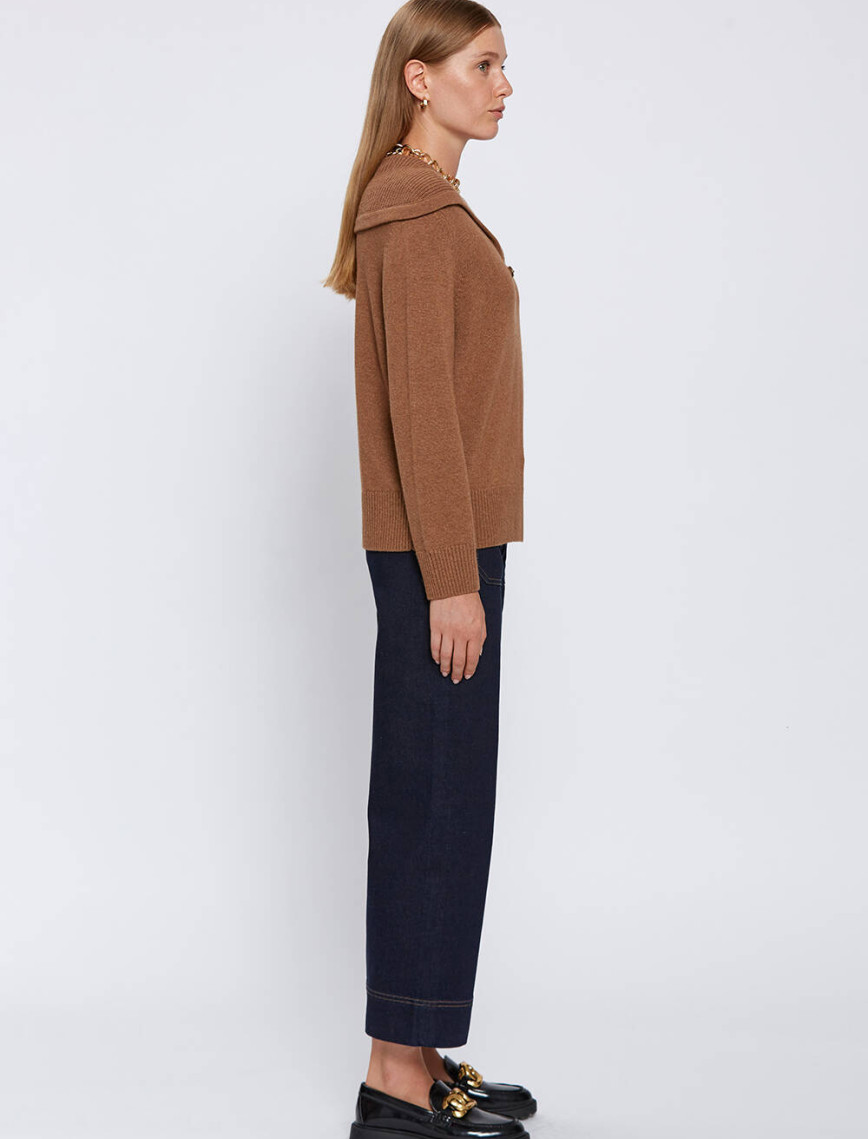 Knitss Kaşmir Karışımlı Geniş Yaka Tütün Rengi Triko