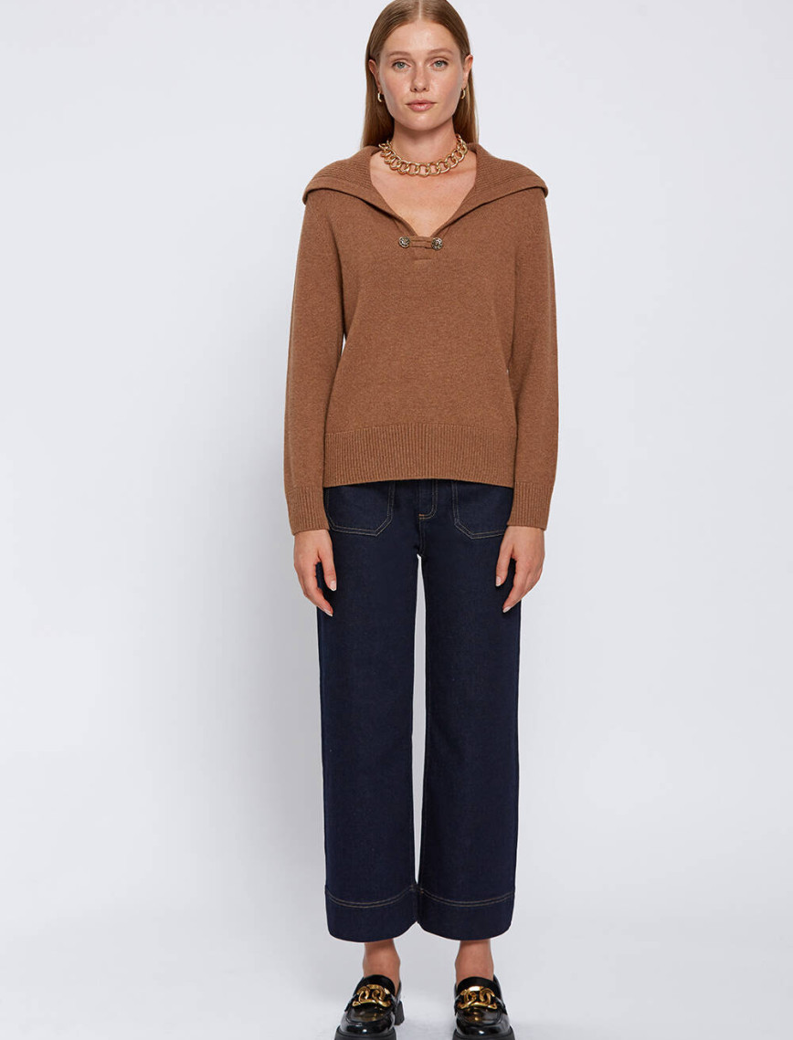 Knitss Kaşmir Karışımlı Geniş Yaka Tütün Rengi Triko