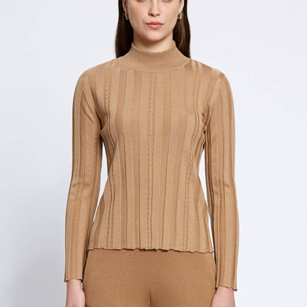 Knitss Uzun Kollu Balıkçı Yaka Merino Yün Camel Triko