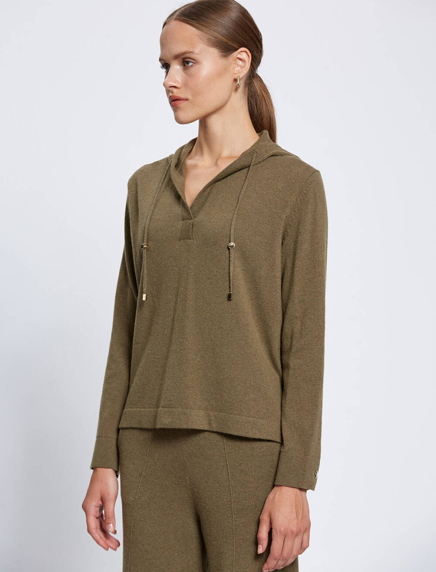 Knitss Kaşmir Karışımlı Kapüşonlu Haki Triko Knitss Kaşmir Karışımlı Kapüşonlu Haki Triko