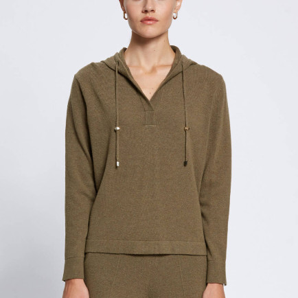 Knitss Kaşmir Karışımlı Kapüşonlu Haki Triko