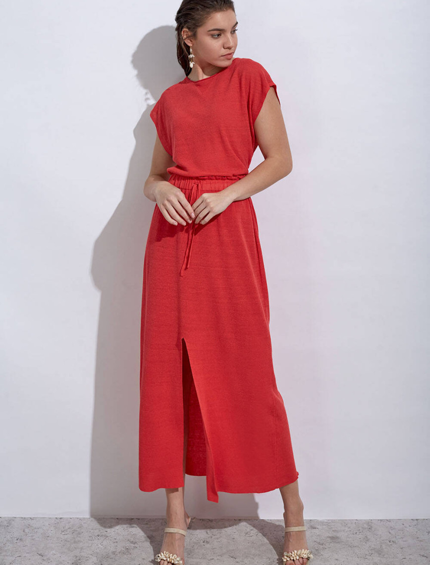 Knitss Keten Paper Bag Mercan Uzun Triko Etek Knitss Keten Paper Bag Mercan Uzun Triko Etek