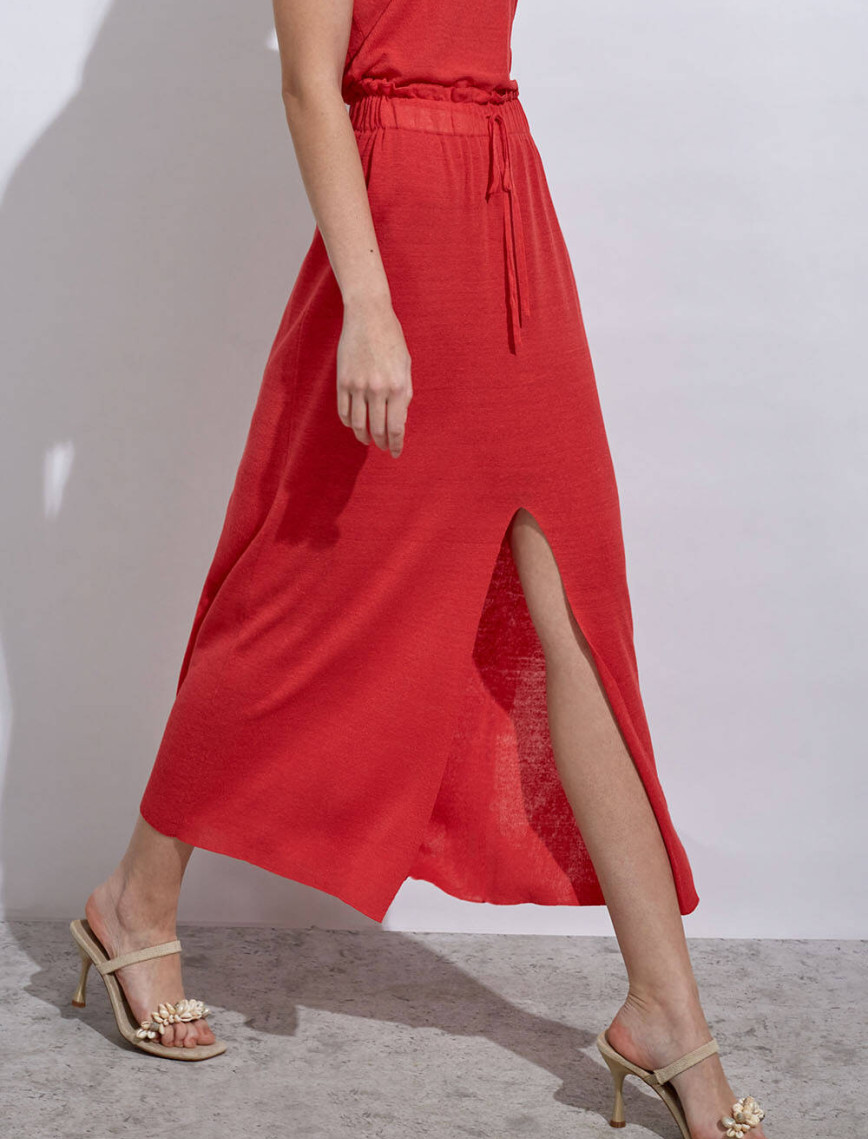 Knitss Keten Paper Bag Mercan Uzun Triko Etek Knitss Keten Paper Bag Mercan Uzun Triko Etek