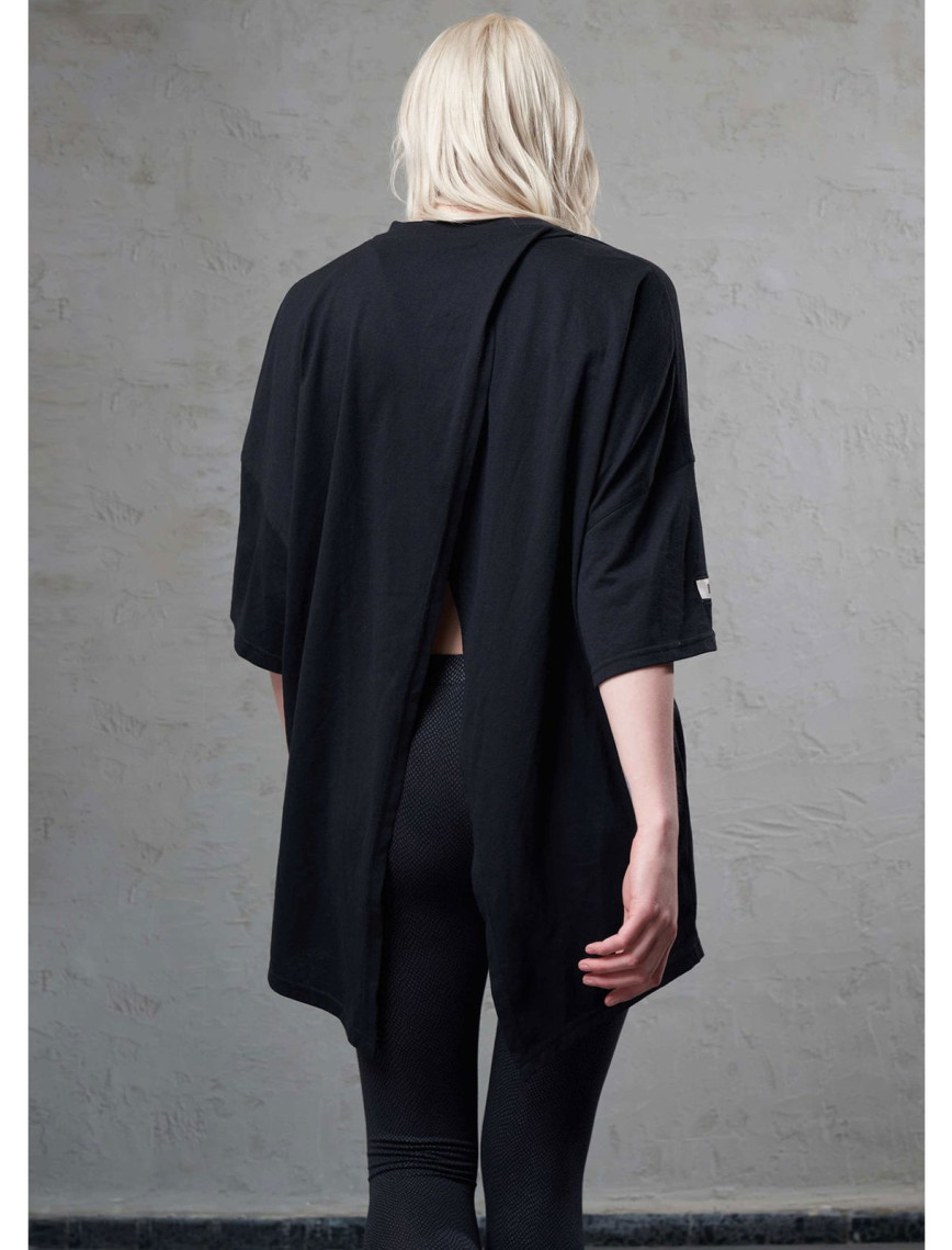 Nasaqu Kadın Zini Süper Oversize Sırtı Yırtmaçlı Siyah T-Shirt