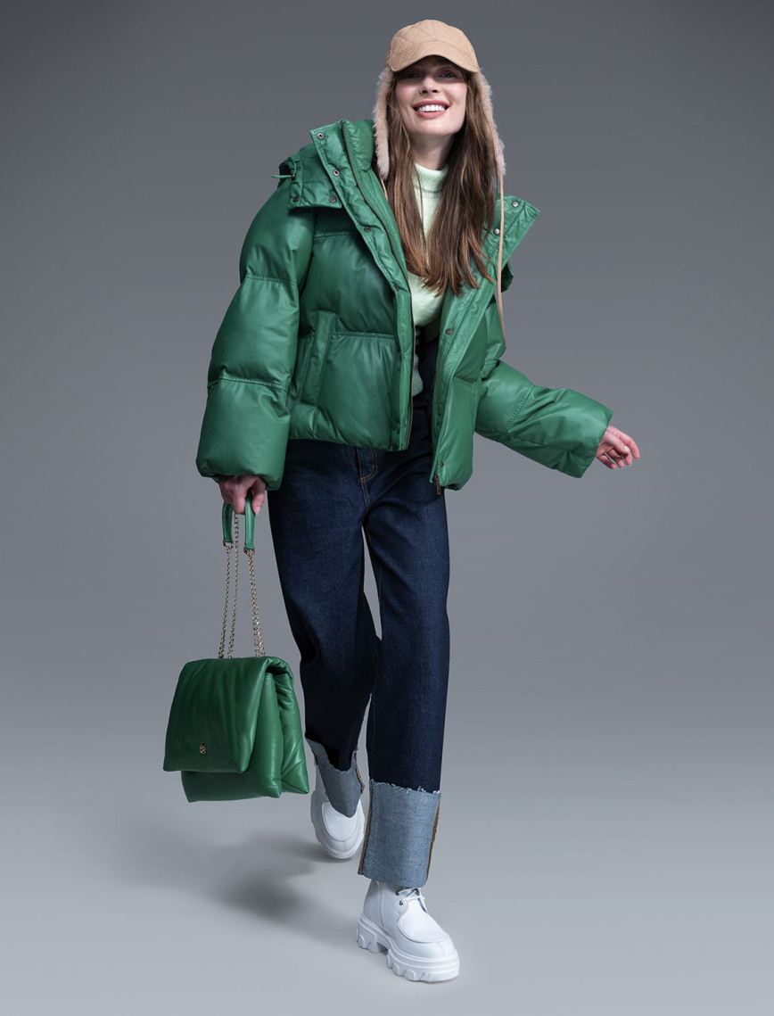 Jenna Yeşil Kadın Kapüşonlu Puffer Deri Mont Jenna Yeşil Kadın Kapüşonlu Puffer Deri Mont