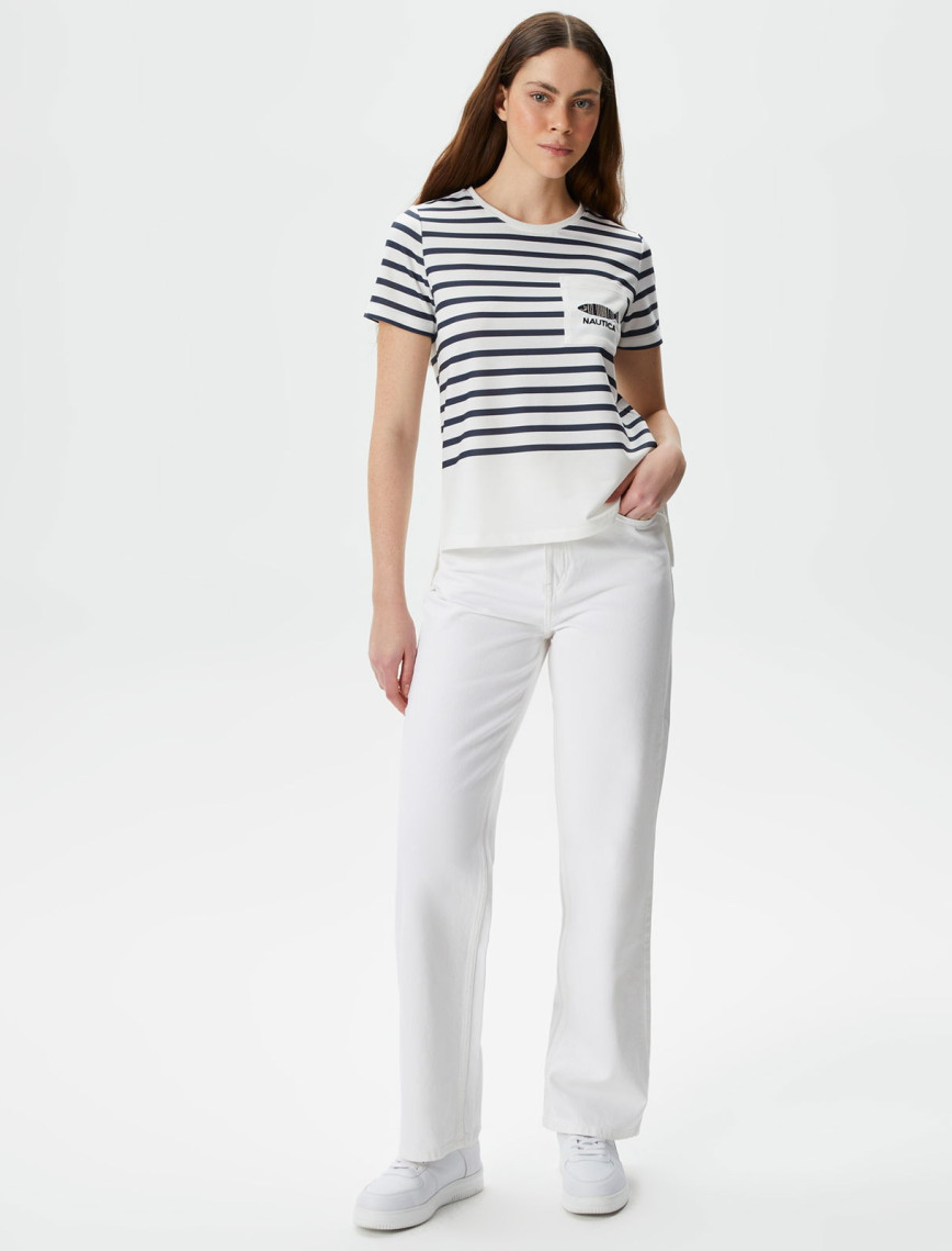 Nautica Kadın Beyaz Regular Fit Çizgili T-Shirt Nautica Kadın Beyaz Regular Fit Çizgili T-Shirt